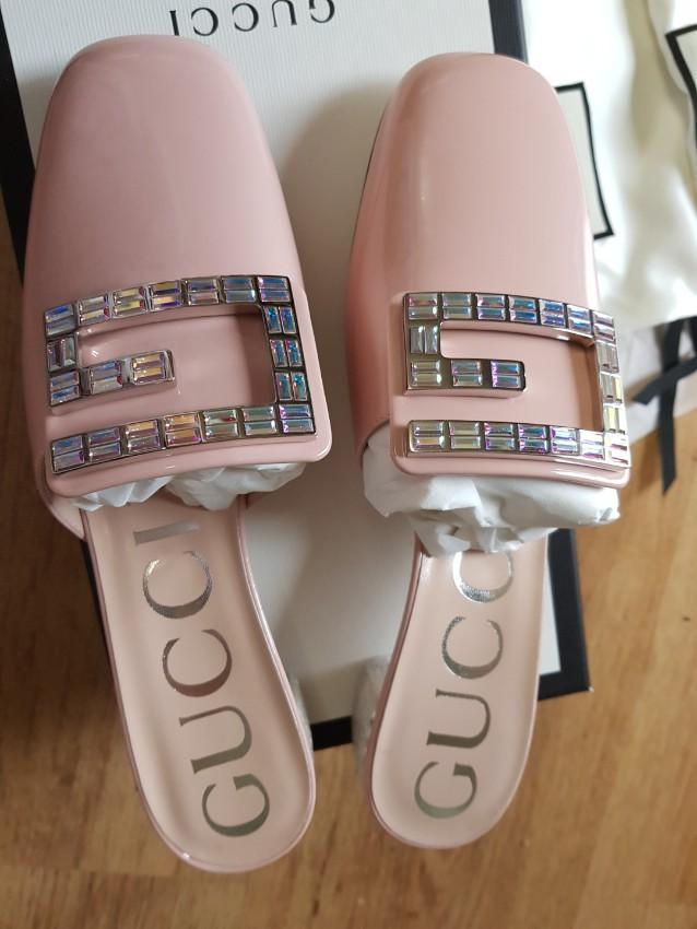 Gucci Nude Crystal Embellished Square G Mules