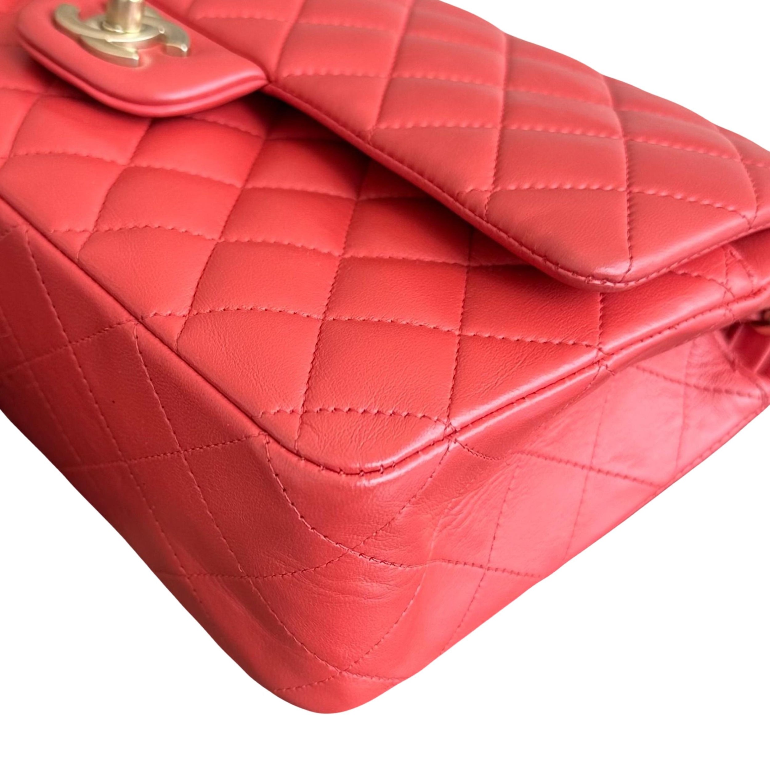 Chanel Red Lambskin Medium Double Flap Bag with Brushed Gold Hardware