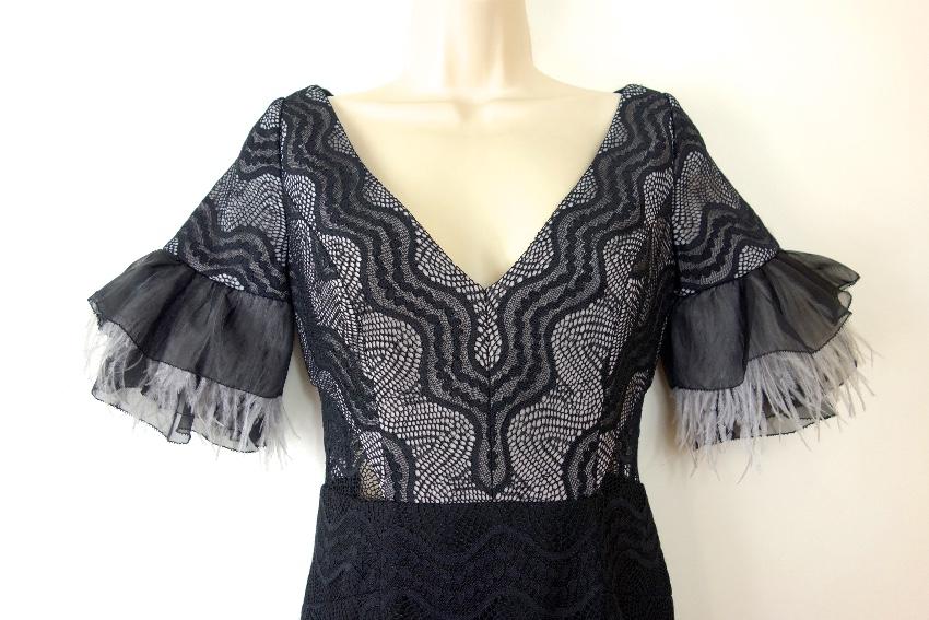 Three Floor Feather Trimmed Stretch Fitted Dress