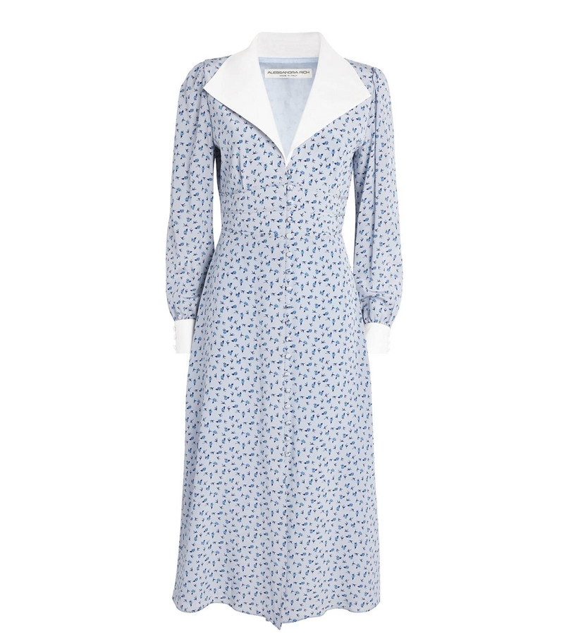 Alessandra Rich Mikado-Trimmed Floral-Print Silk-Crepe De Chine Midi Shirt Dress