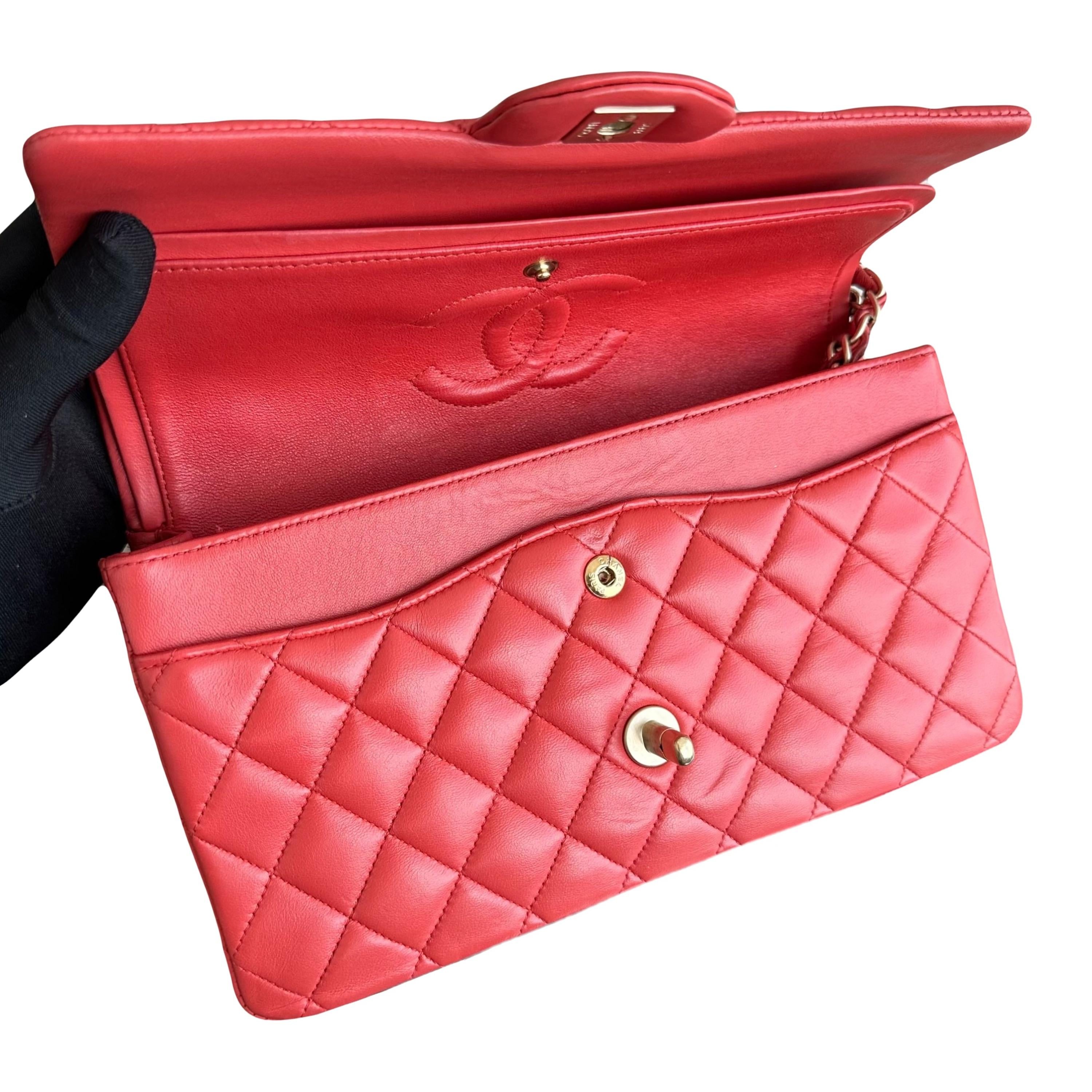 Chanel Red Lambskin Medium Double Flap Bag with Brushed Gold Hardware