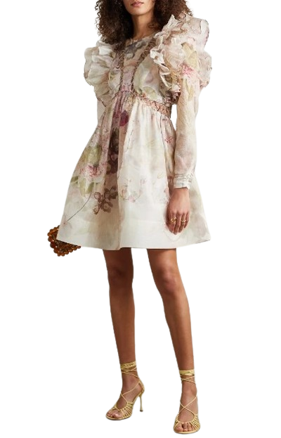 Zimmermann Dancer Ruffled Bead-Embellished Floral-Print Linen And Silk-Blend Organza Mini Dress