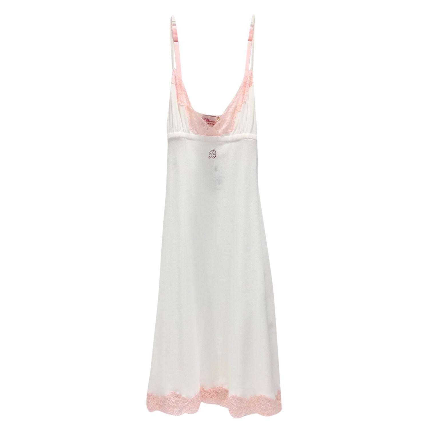 Blumarine White & Pink Leavers Lace Slip Dress