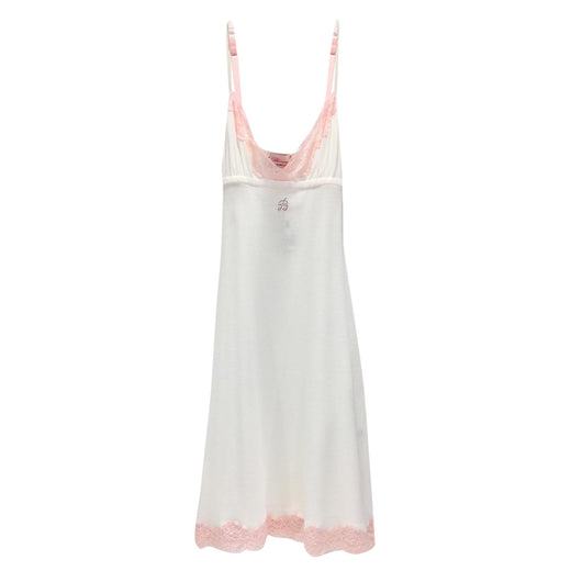 Blumarine White & Pink Leavers Lace Slip Dress