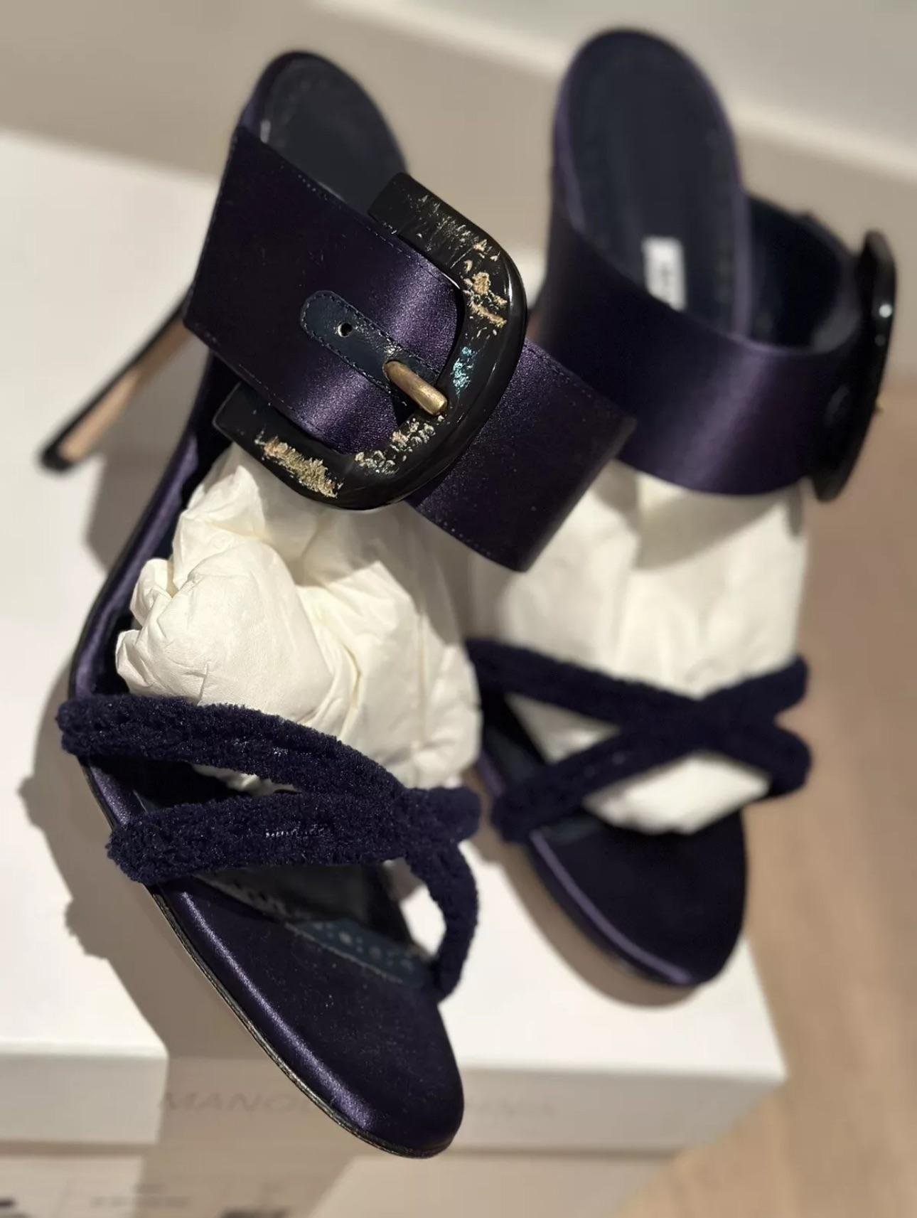 Manolo Blahnik Navy Guey Open Toe Mules