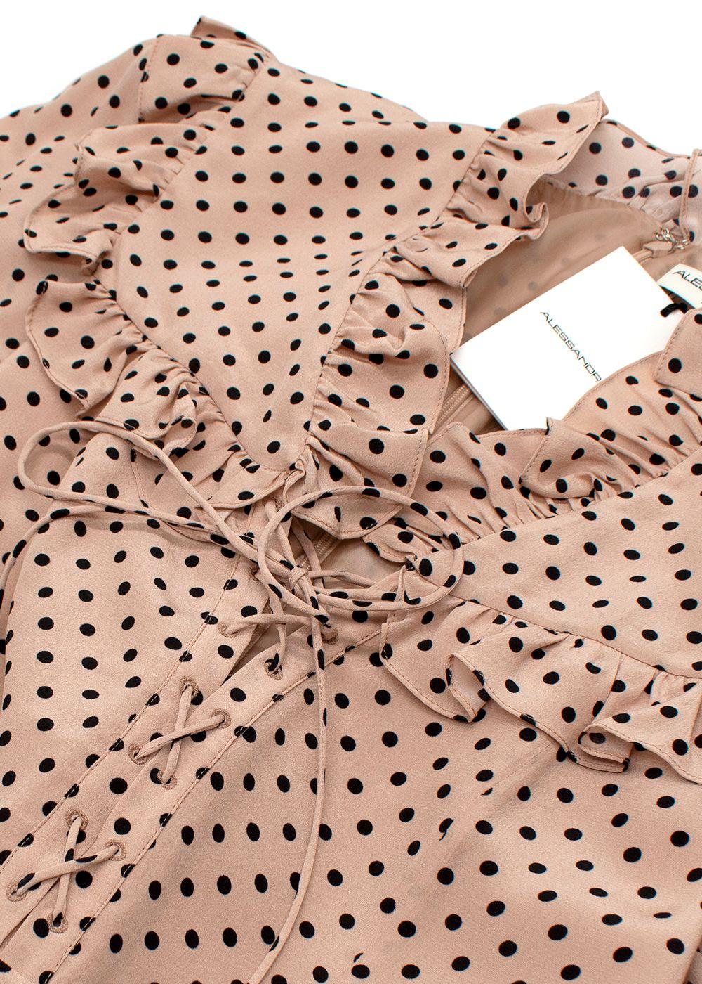 Alessandra Rich Beige Silk Polka Dot Dress with Lace Up Design
