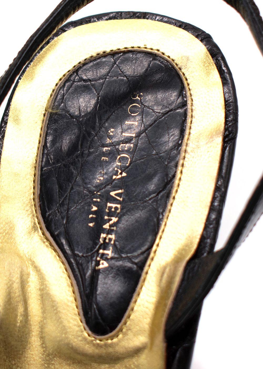 Bottega Veneta Black Croc Embossed Ankle Strap Sandals