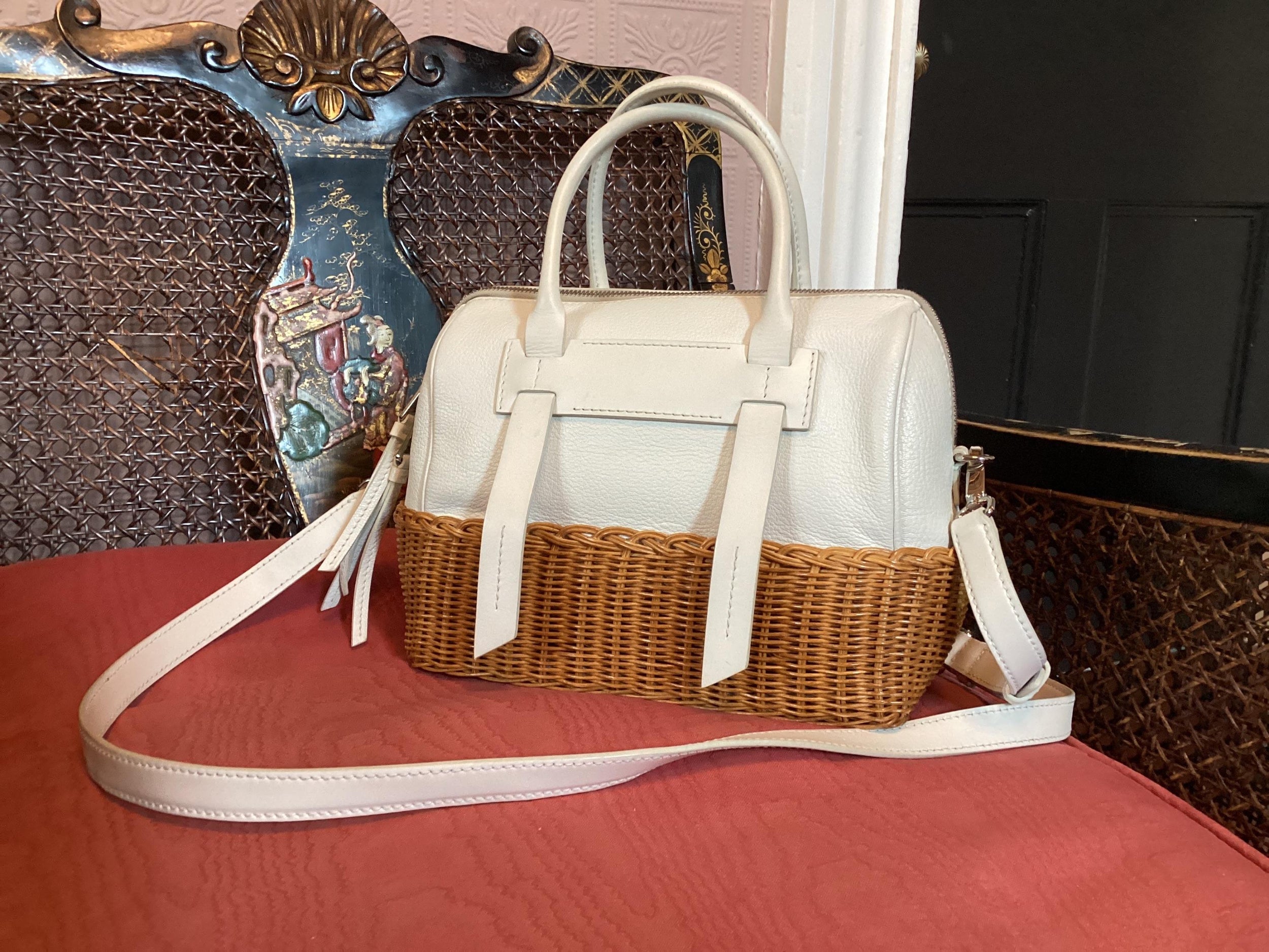 Miu Miu White Midollino Leather and Raffia Top Handle Bag