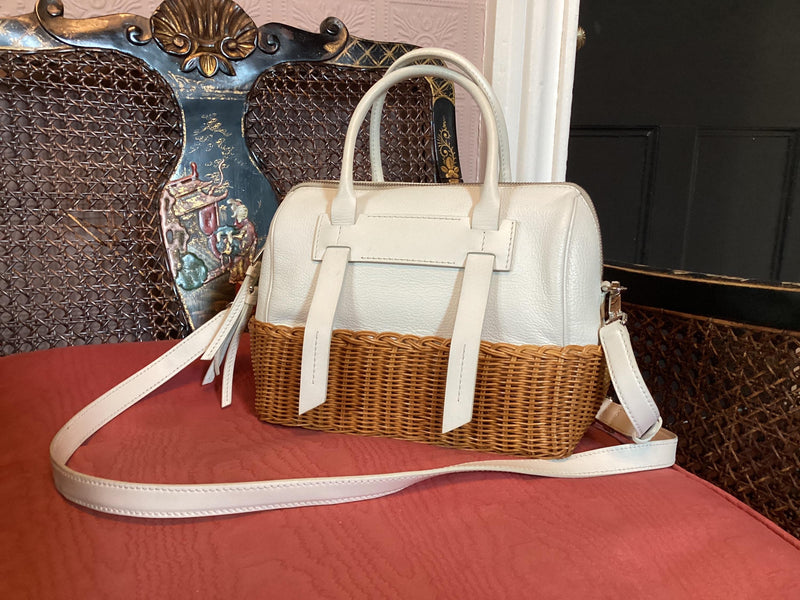 Miu Miu White Midollino Leather and Raffia Top Handle Bag