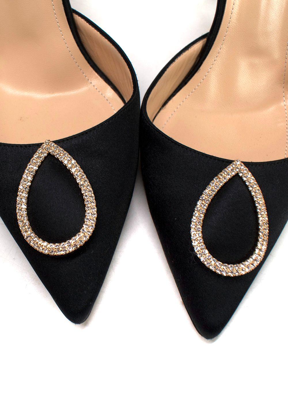 Jennifer Chamandi Black Satin Crystal Buckle Slingback Pumps