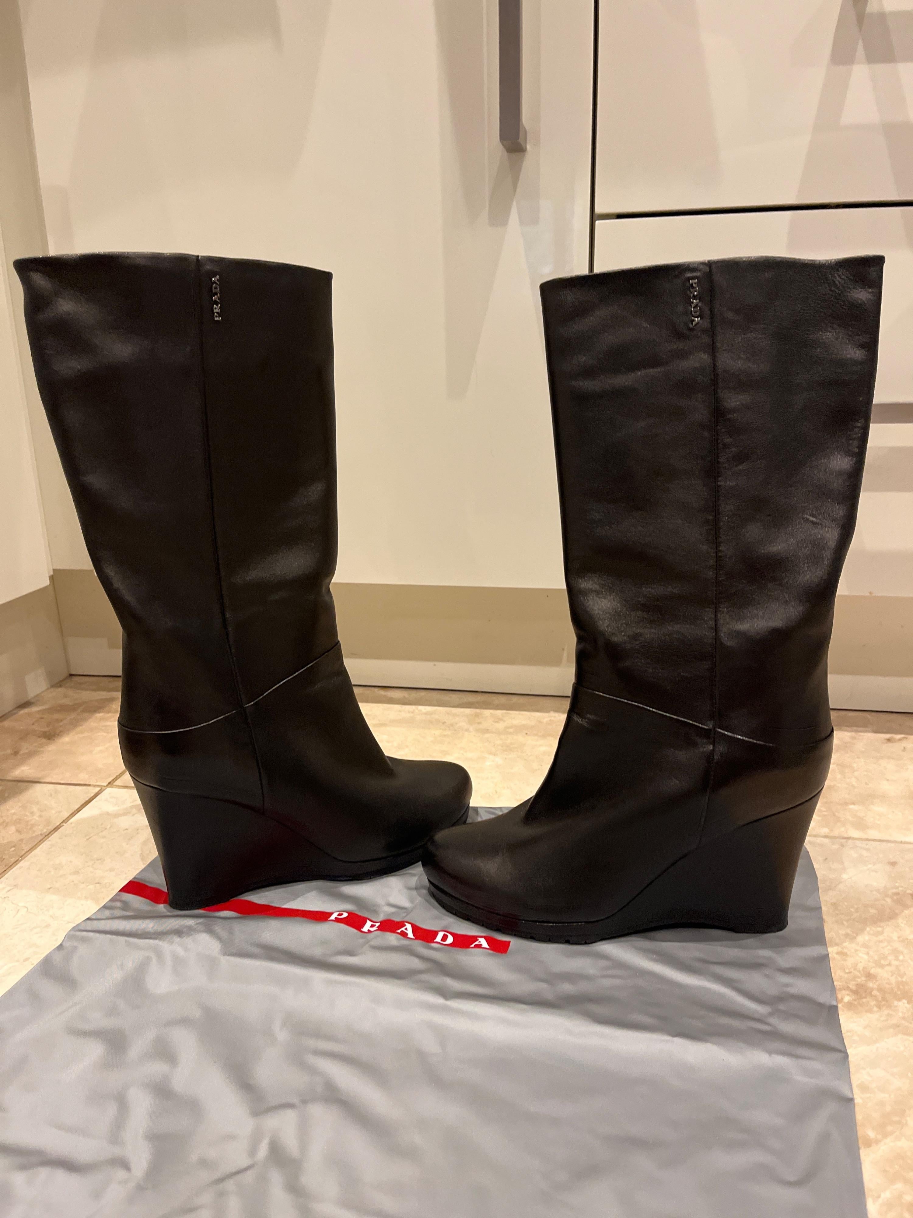 Prada Black Leather Eddy Wedge Boots
