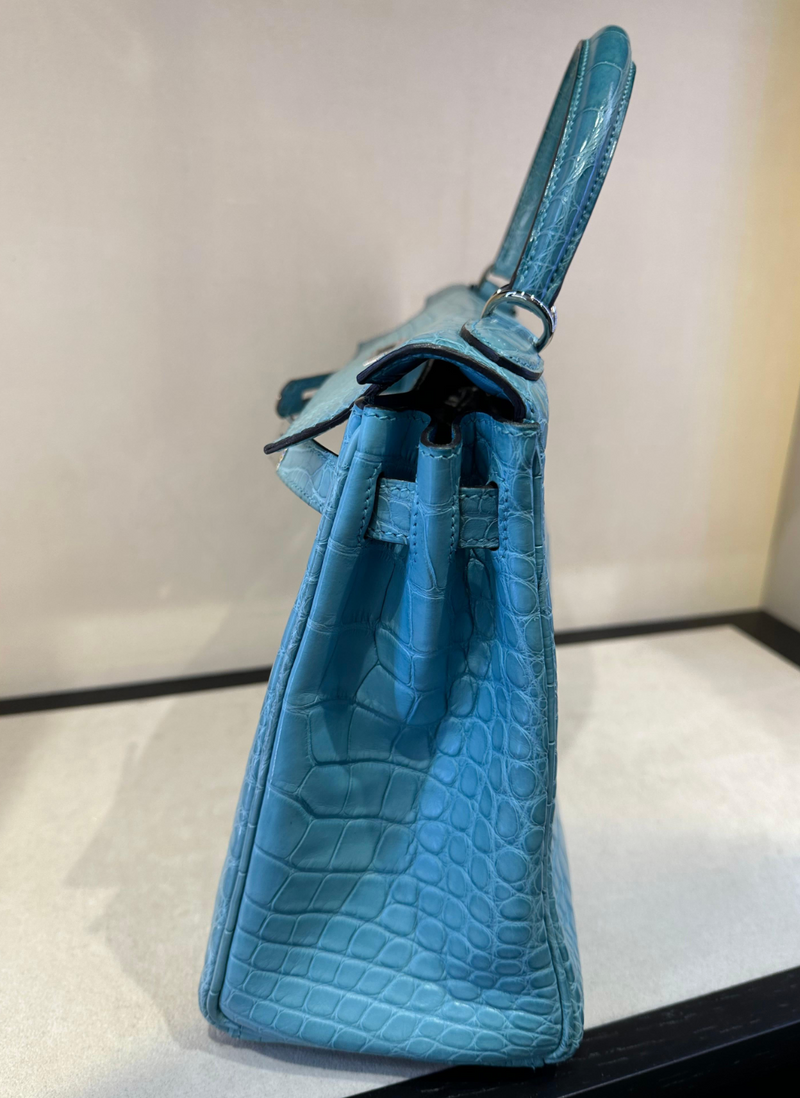 Hermes Bleu St Cyr Matte Croc Kelly 28
