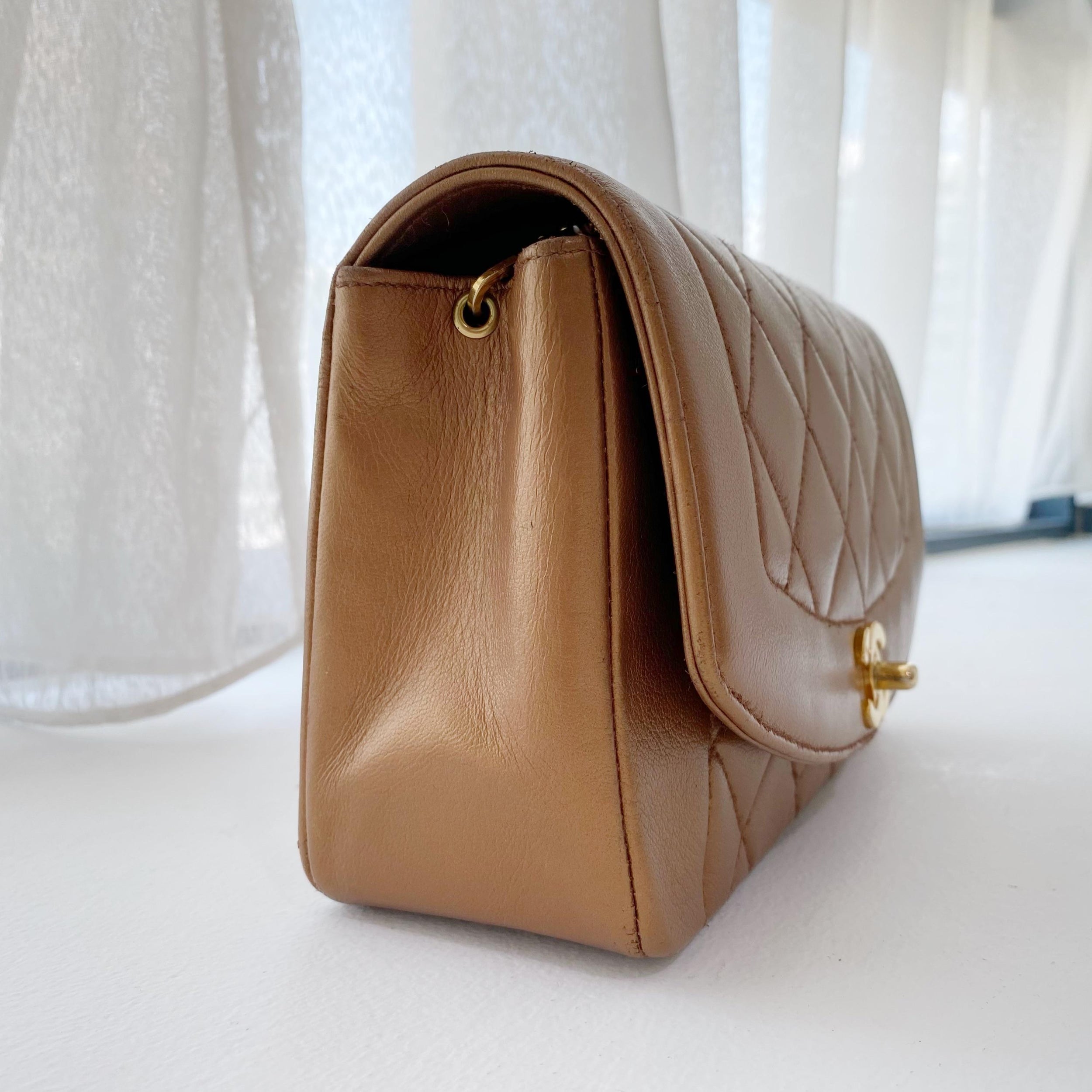 Vintage camel leather quilted small Diana flap bag