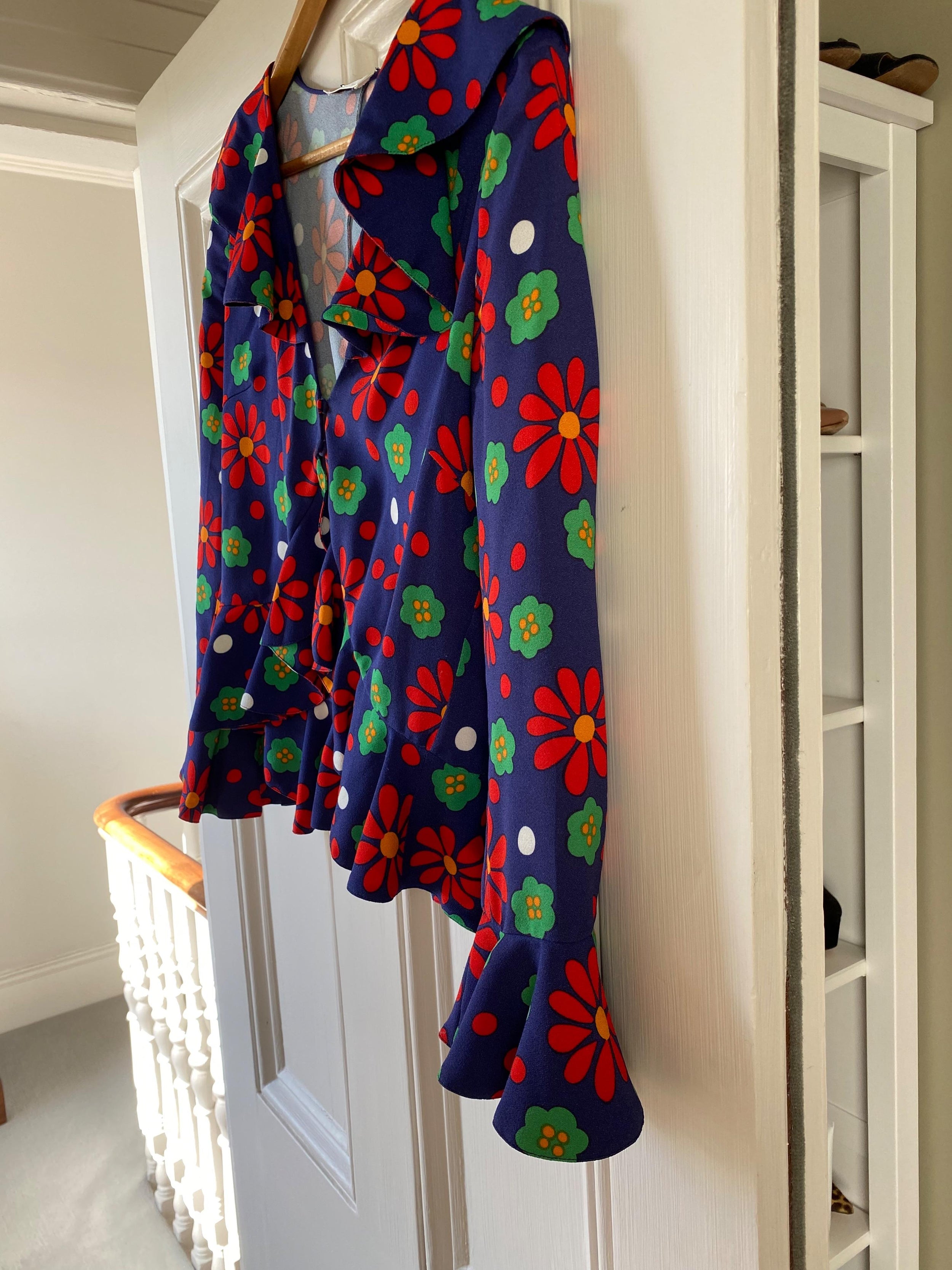blue, red & green floral crepe blouse
