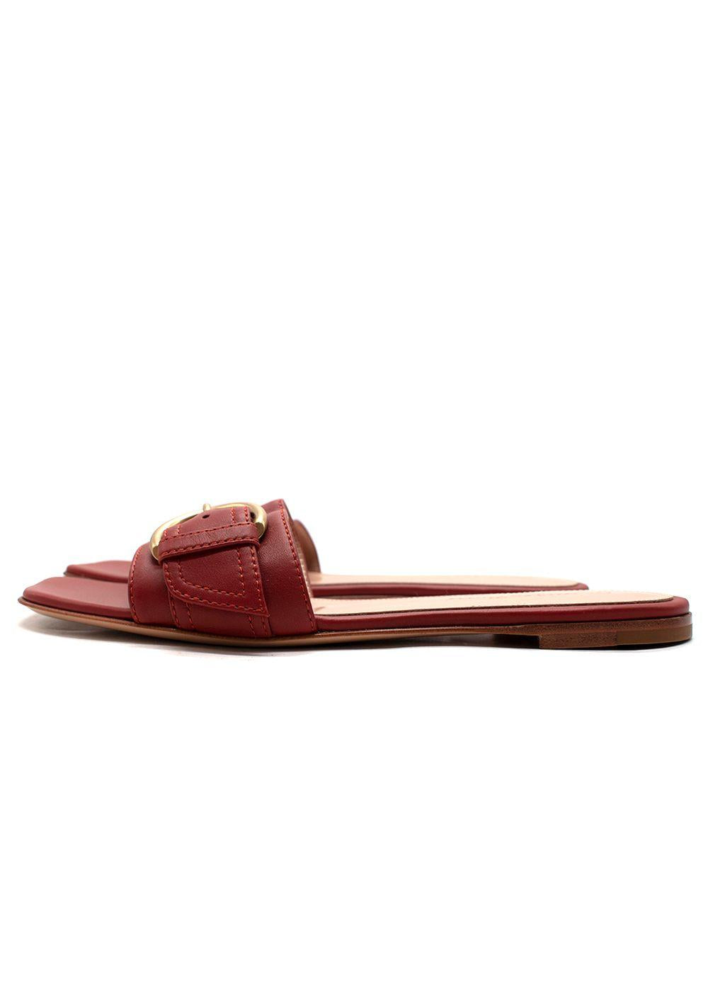 Gianvito Rossi Brick Red Buckle Detail Leather Slides