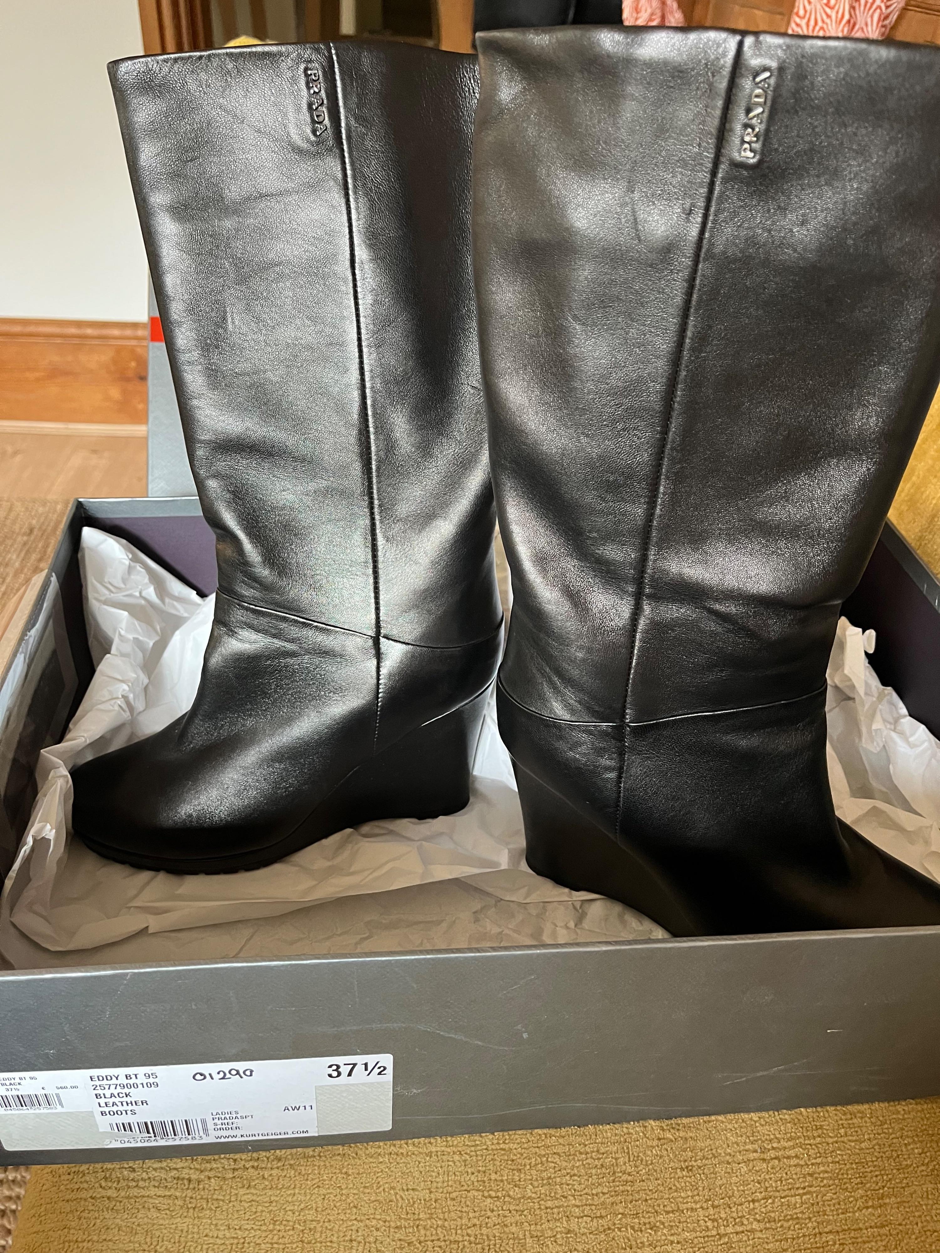 Prada Black Leather Eddy Wedge Boots