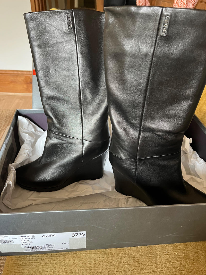 Prada Black Leather Eddy Wedge Boots