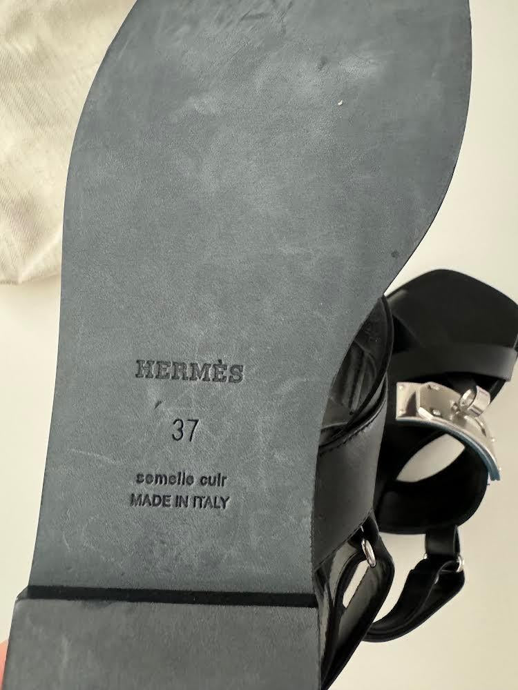 Hermes Black Leather Ines Sandals