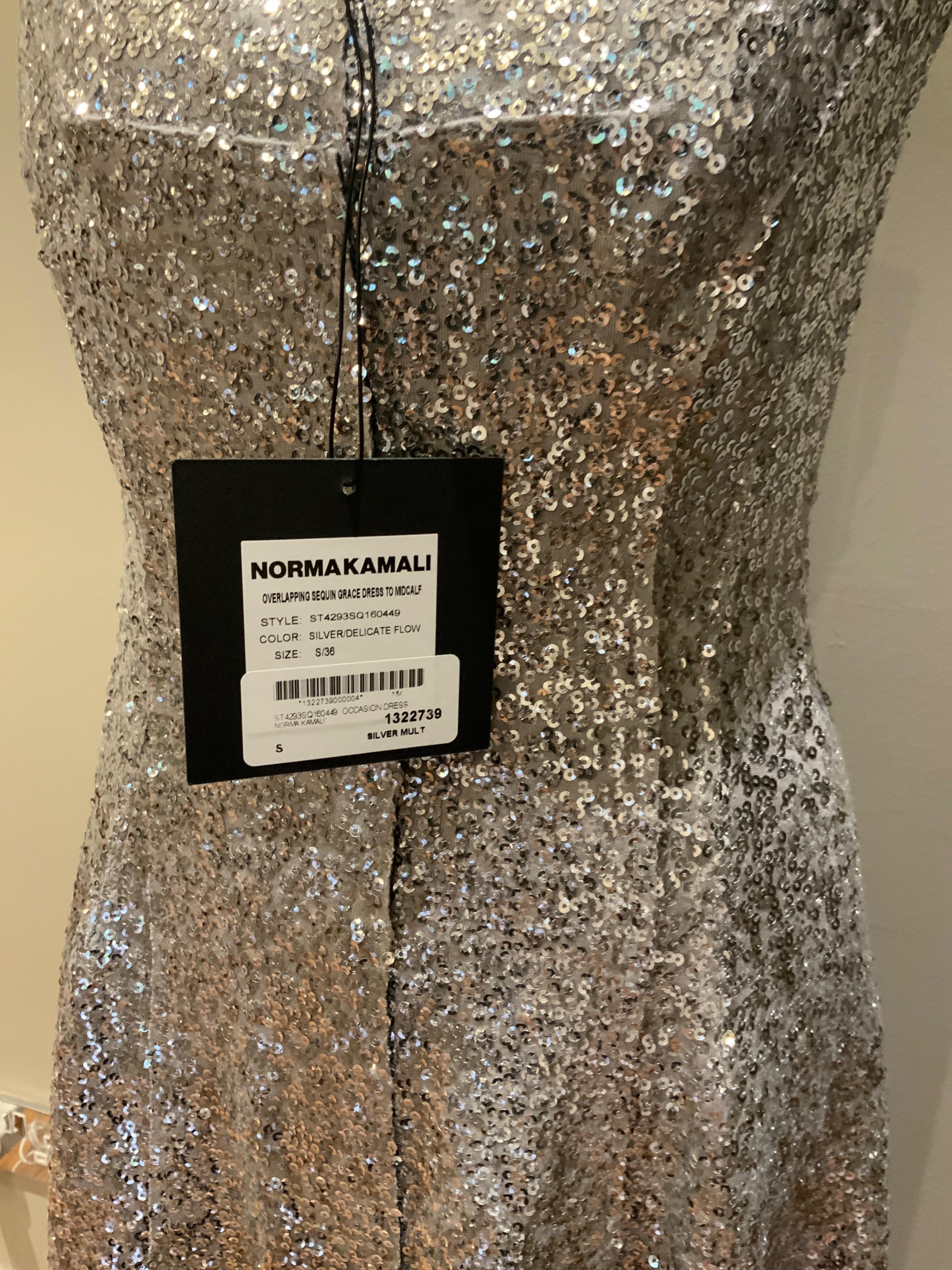 Norma Kamali Silver Sequin Overlapping Grace Dress