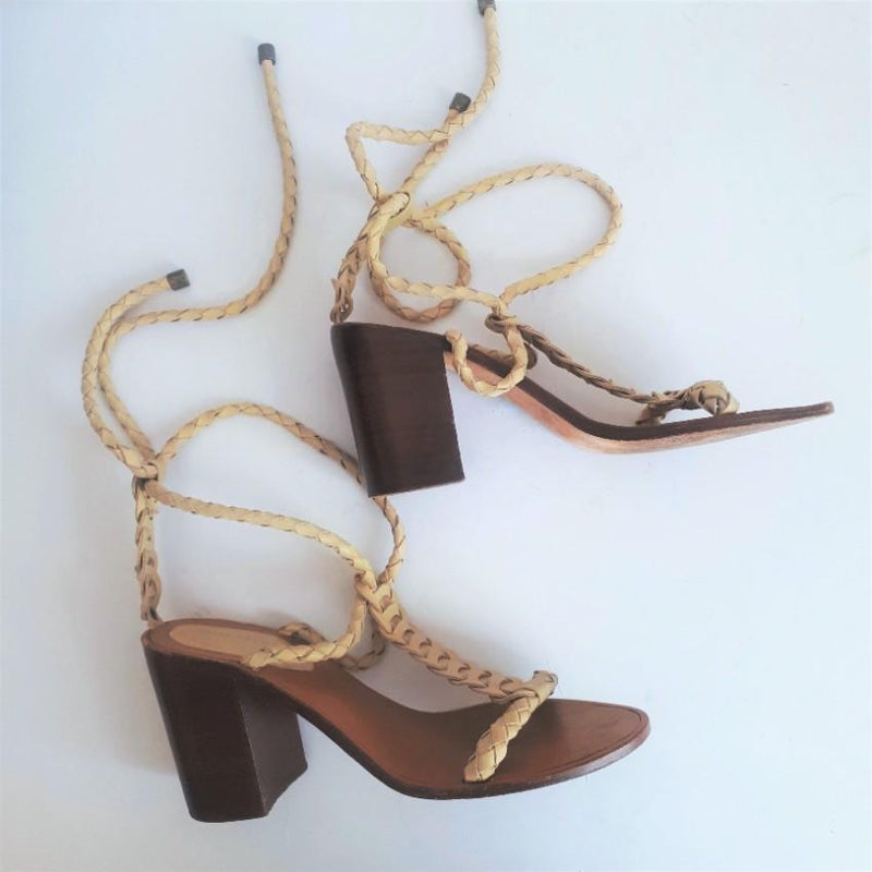 Zimmermann Woven Leather Beige Tie Heel Link Sandals