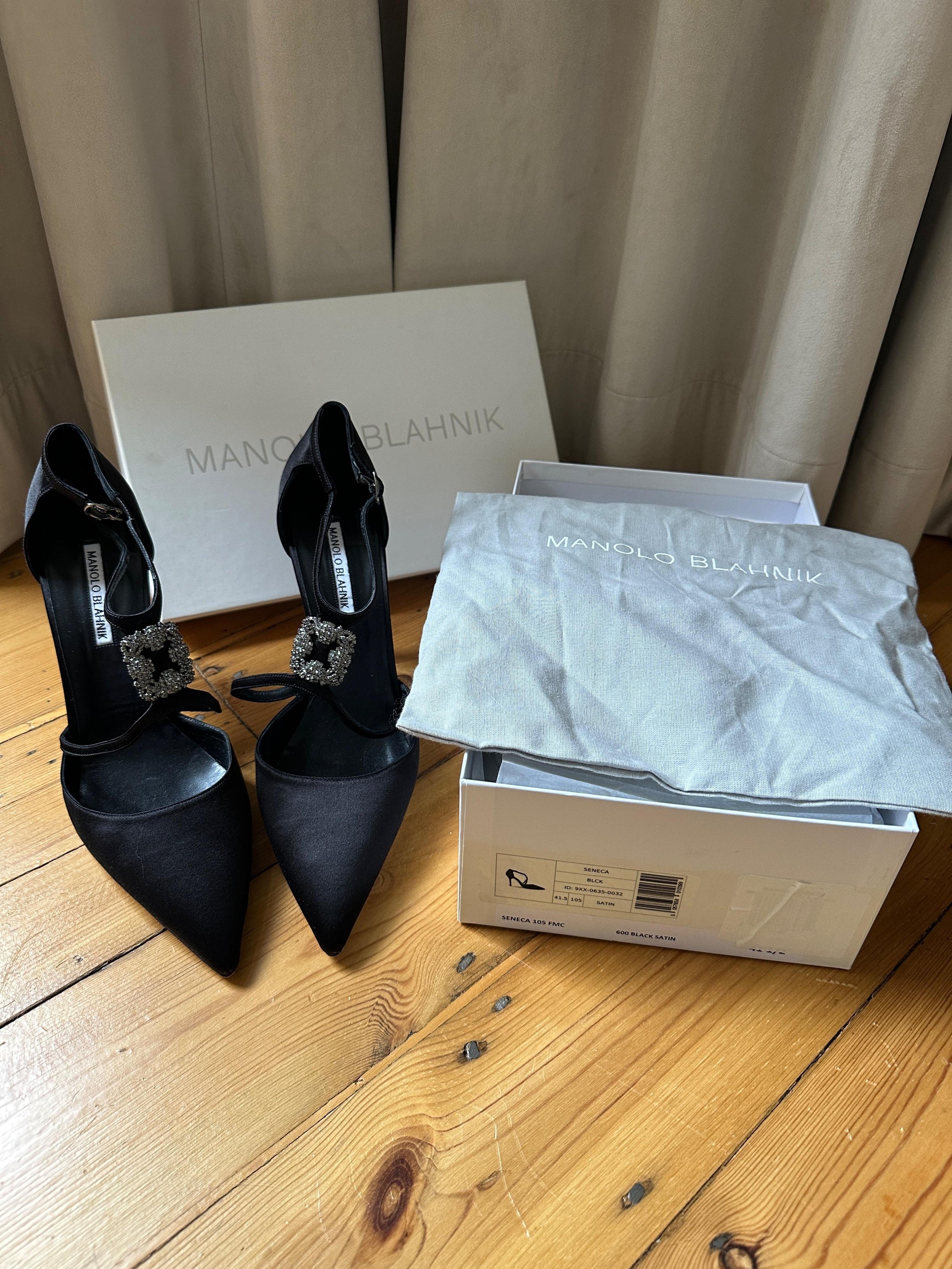 Manolo Blahnik Black Satin Seneca 105 Pumps
