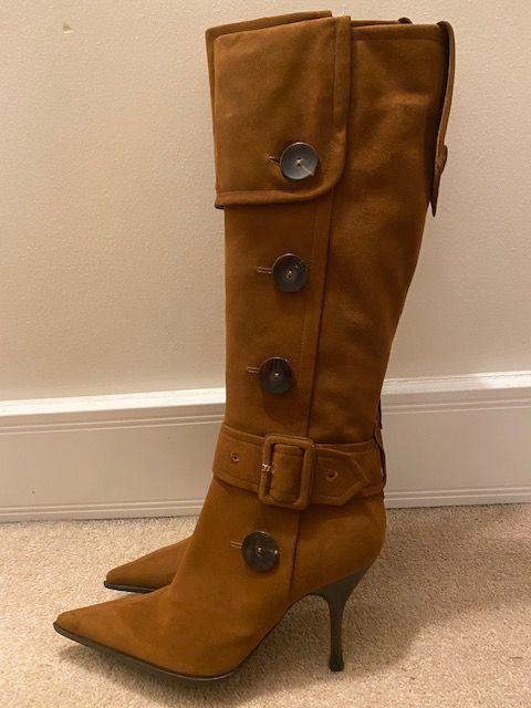 Brown Suede Buckled Button Down Knee Boots