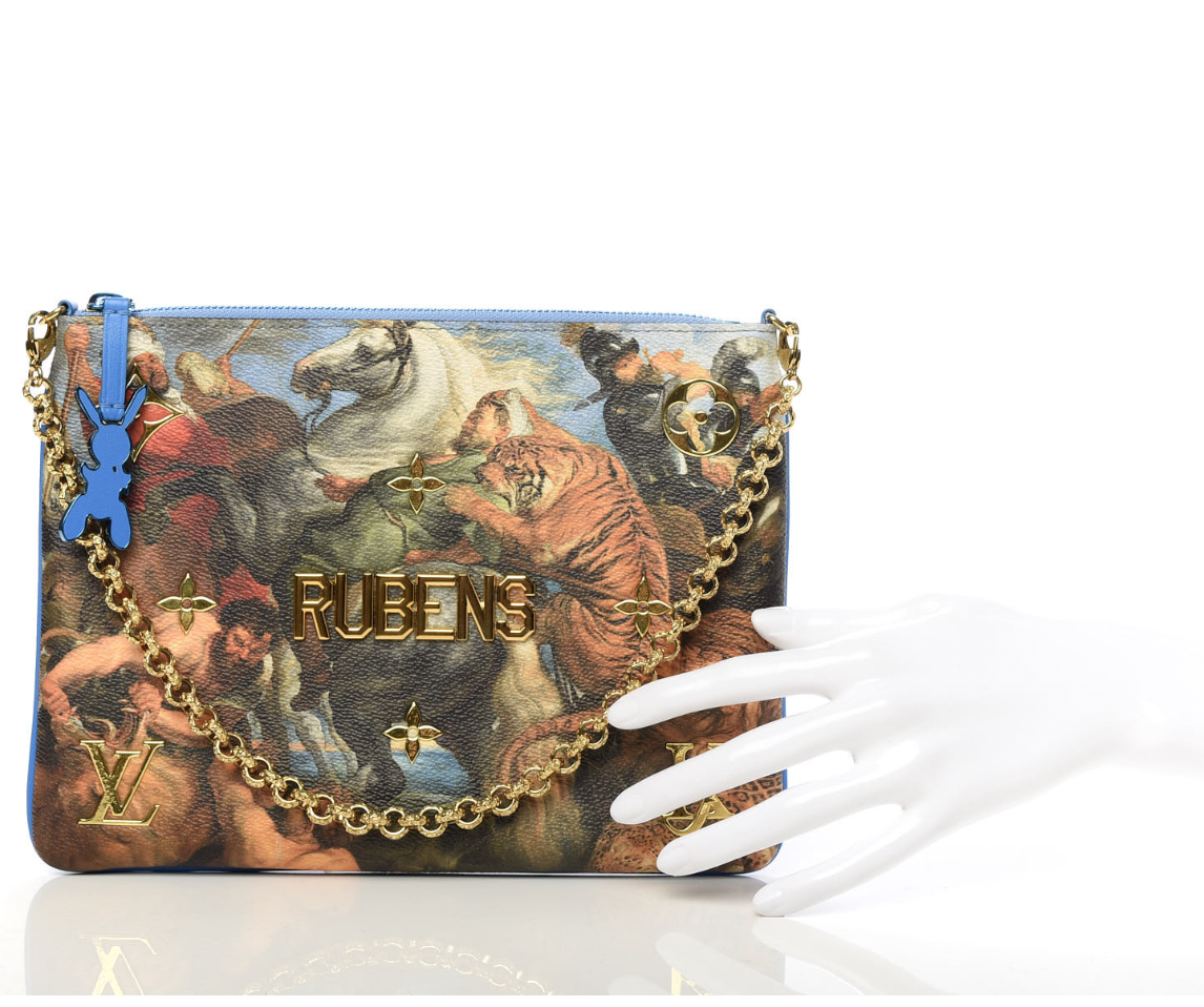 Limited Edition Louis Vuitton x Jeff Koons Masters Collection Pochette – “Tiger Hunt” Print with Gold Chain Strap