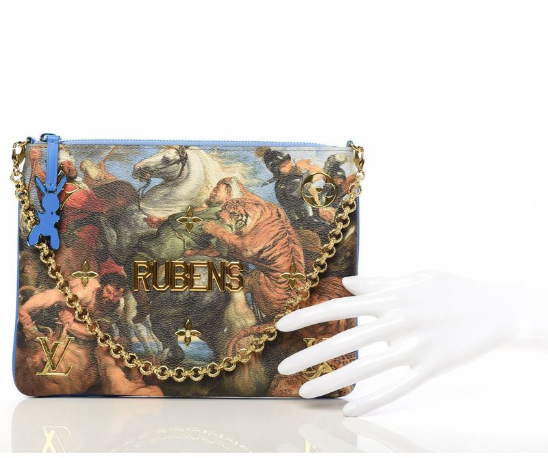 Limited Edition Louis Vuitton x Jeff Koons Masters Collection Pochette – “Tiger Hunt” Print with Gold Chain Strap