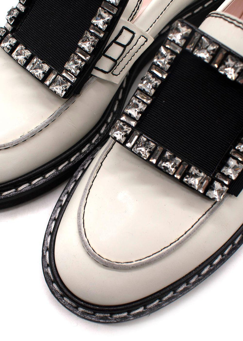 Roger Vivier White Leather Viv' Rangers Strass Buckle Loafers