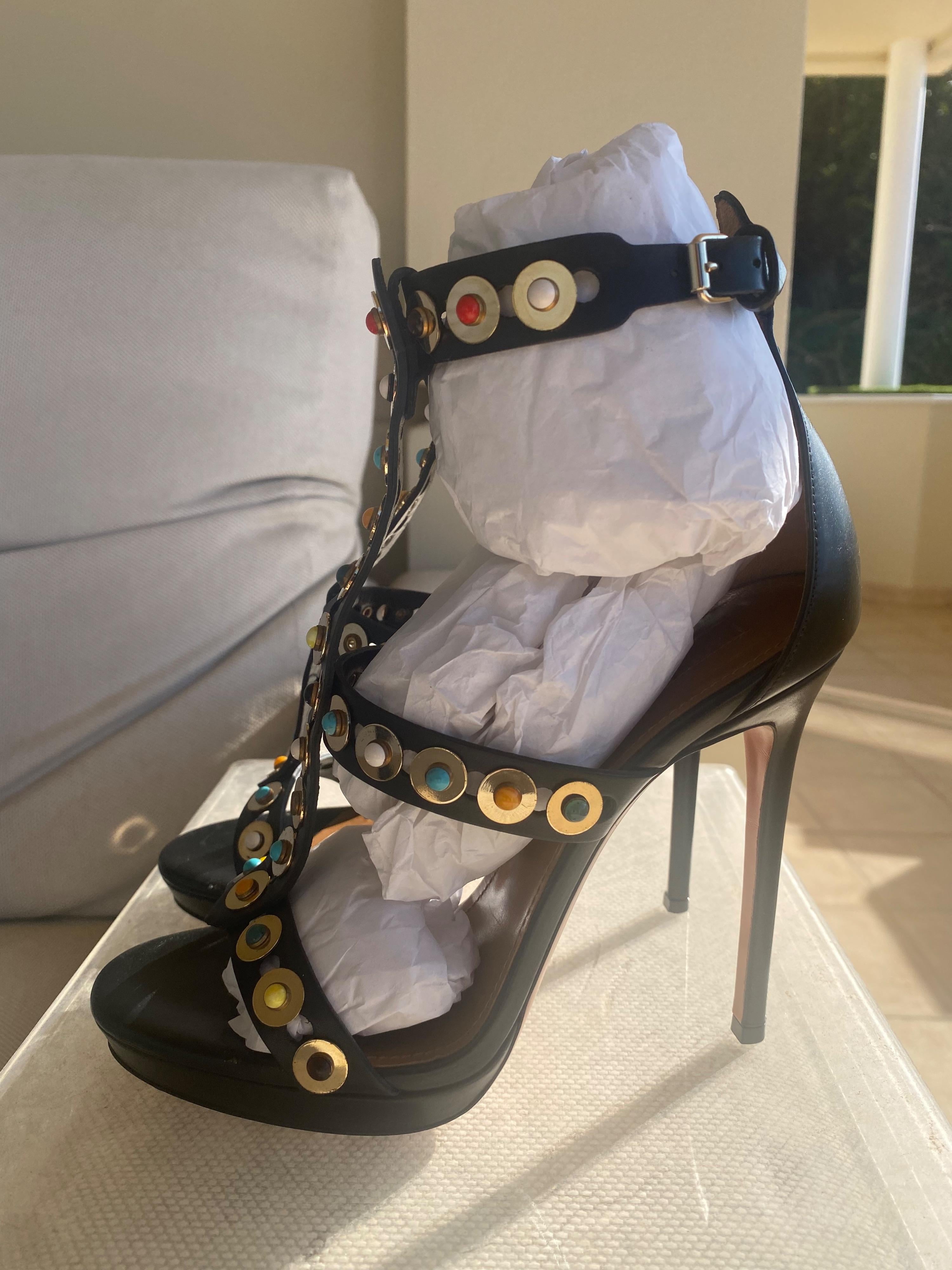 Black leather Byzantine Gladiator heeled sandals