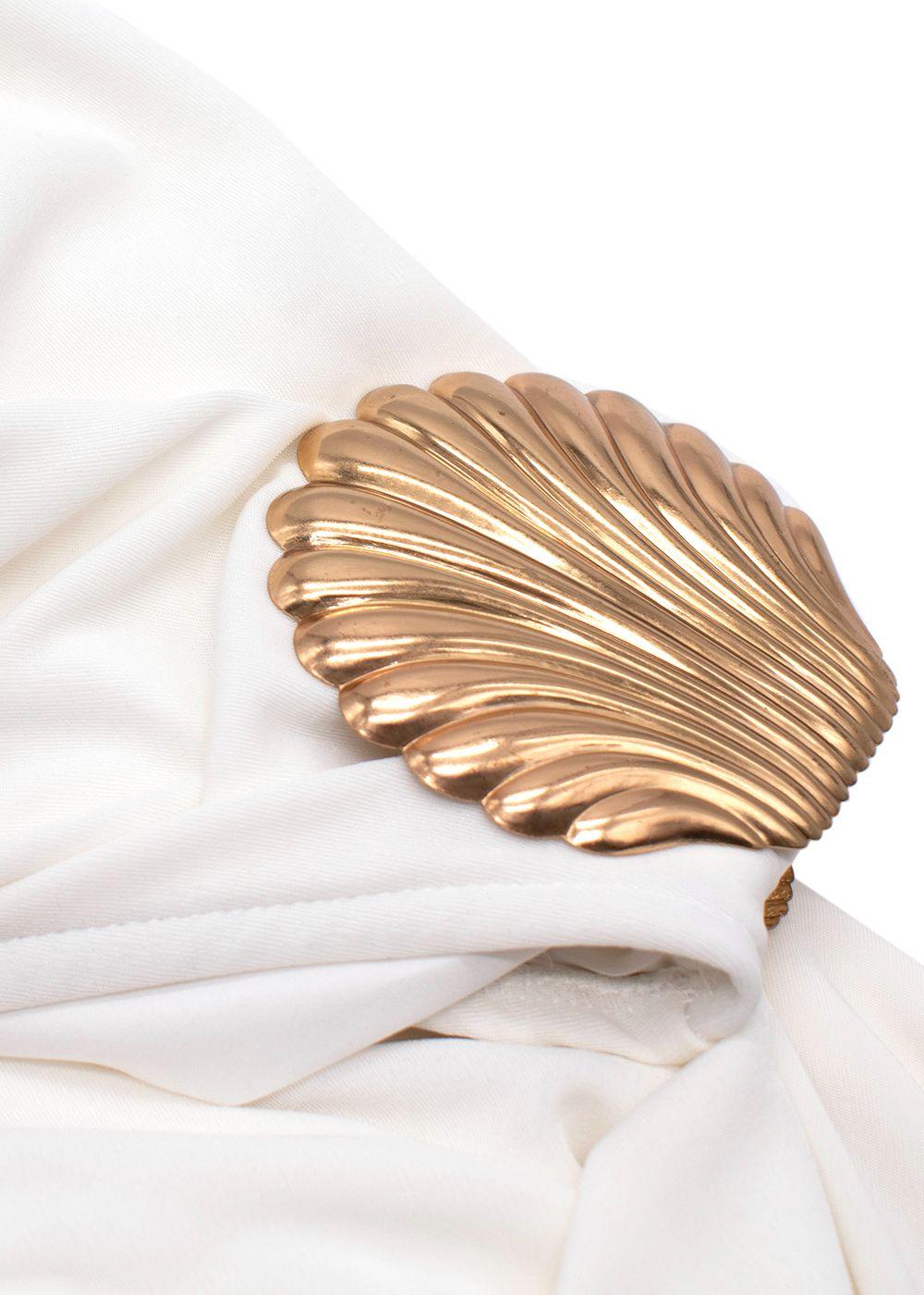 Elena Makri White One Shoulder Maxi Dress with Gold Shell Detail