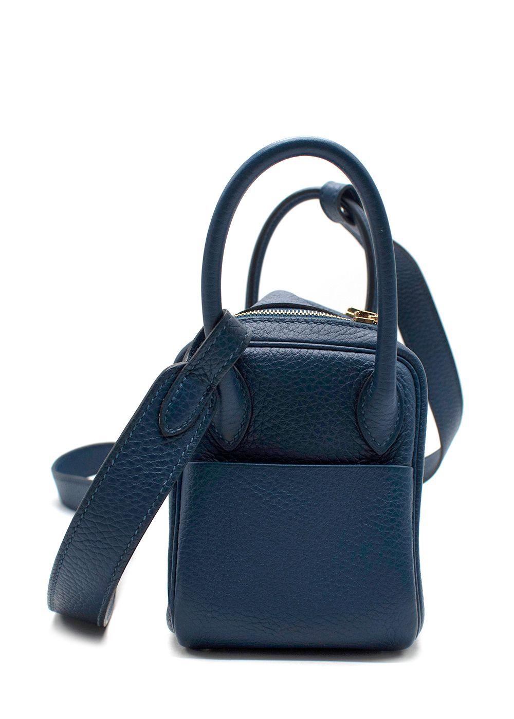 Hermes Taurillon Clemence Mini Lindy in Deep Bleu with Gold Hardware