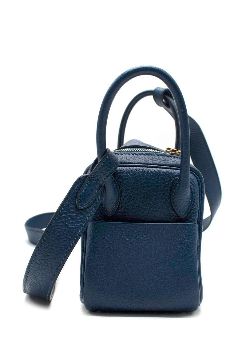 Hermes Taurillon Clemence Mini Lindy in Deep Bleu with Gold Hardware