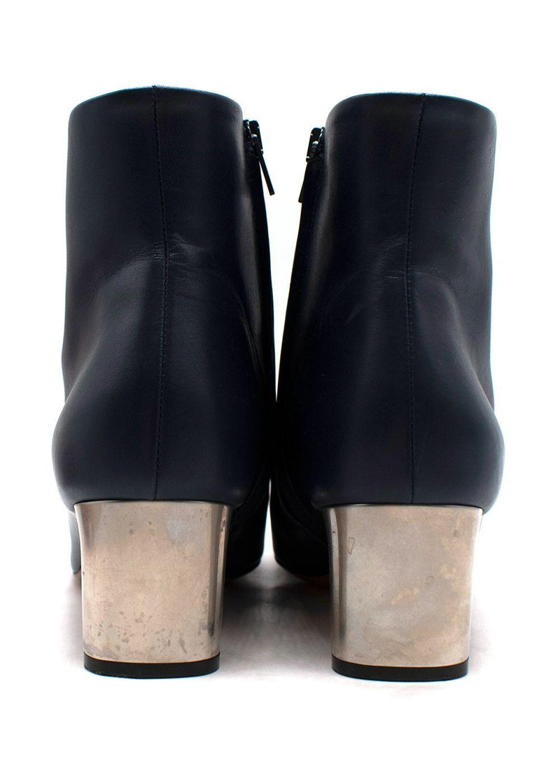 Celine Navy Leather Silver Brushed Heel Ankle Boot