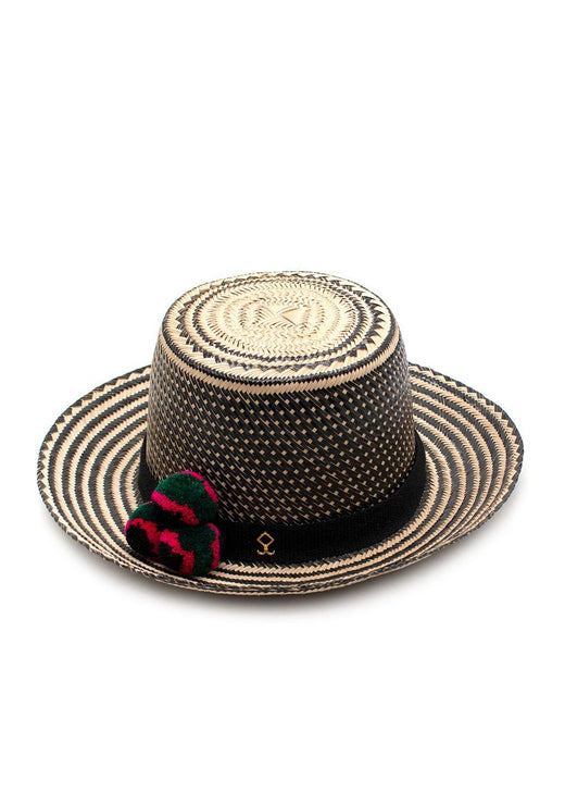 Yosuzi Striped Pom Pom Straw Fedora Hat