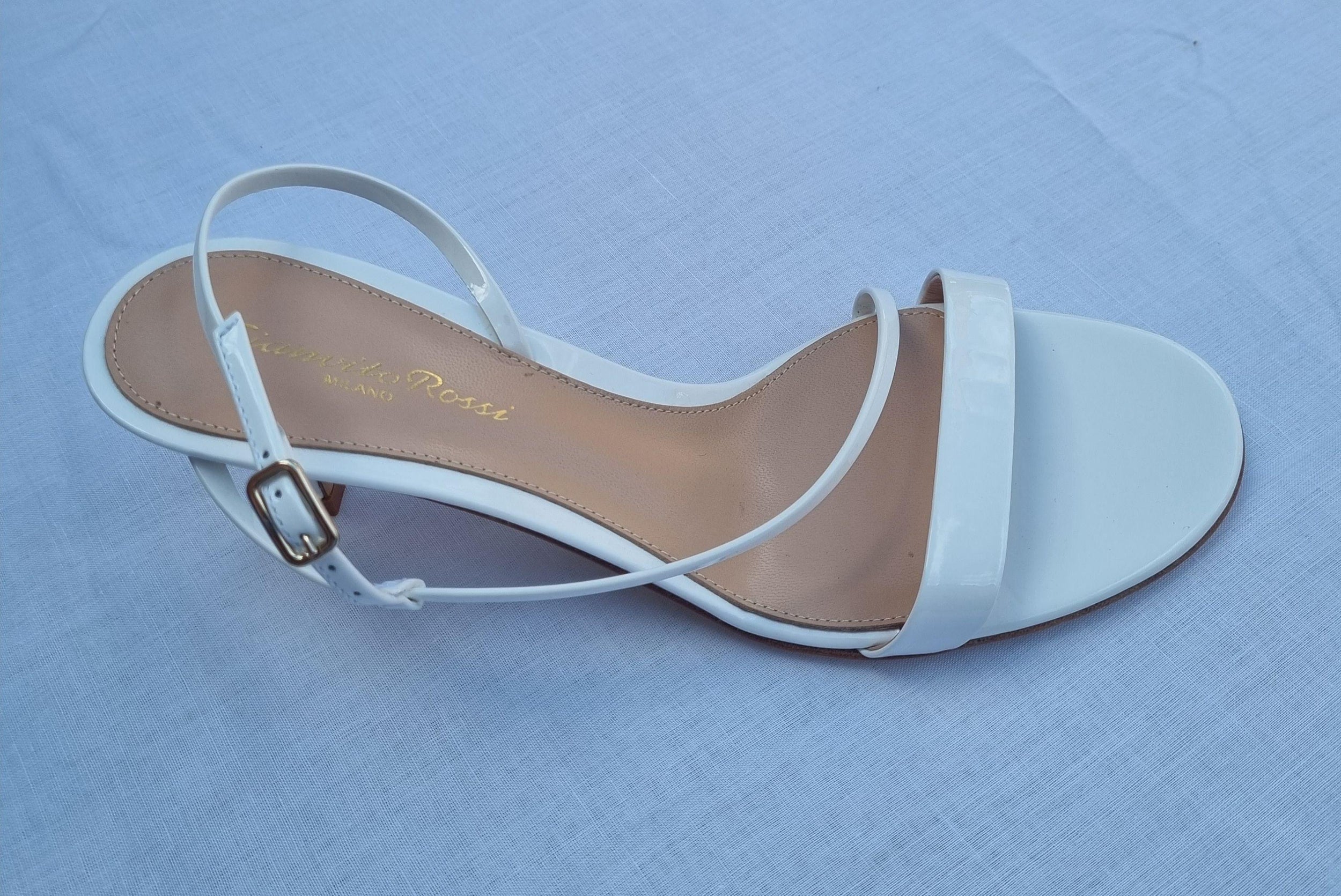 White patent leather strapped heeled sandals