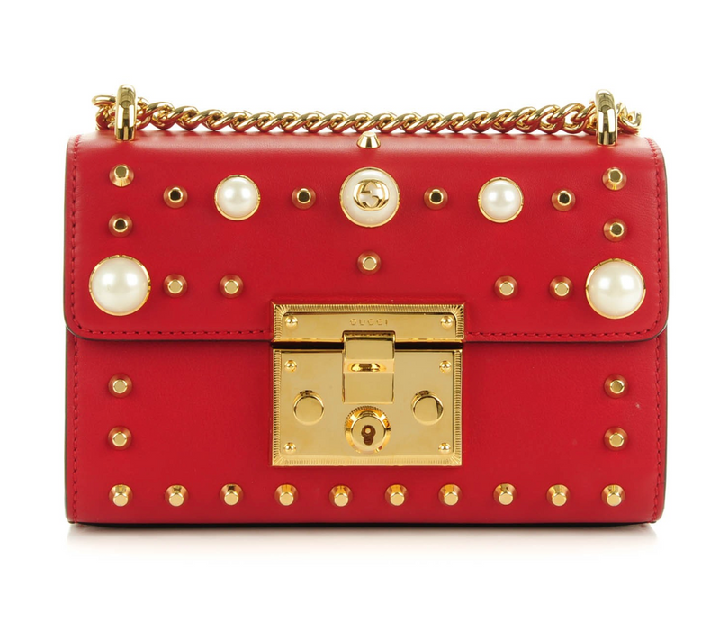 Red Leather Studded Padlock Shoulder Bag