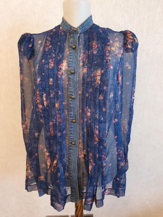 Philosophy Di Lorenzo Serafini Denim Trimmed Floral Chiffon Blouse