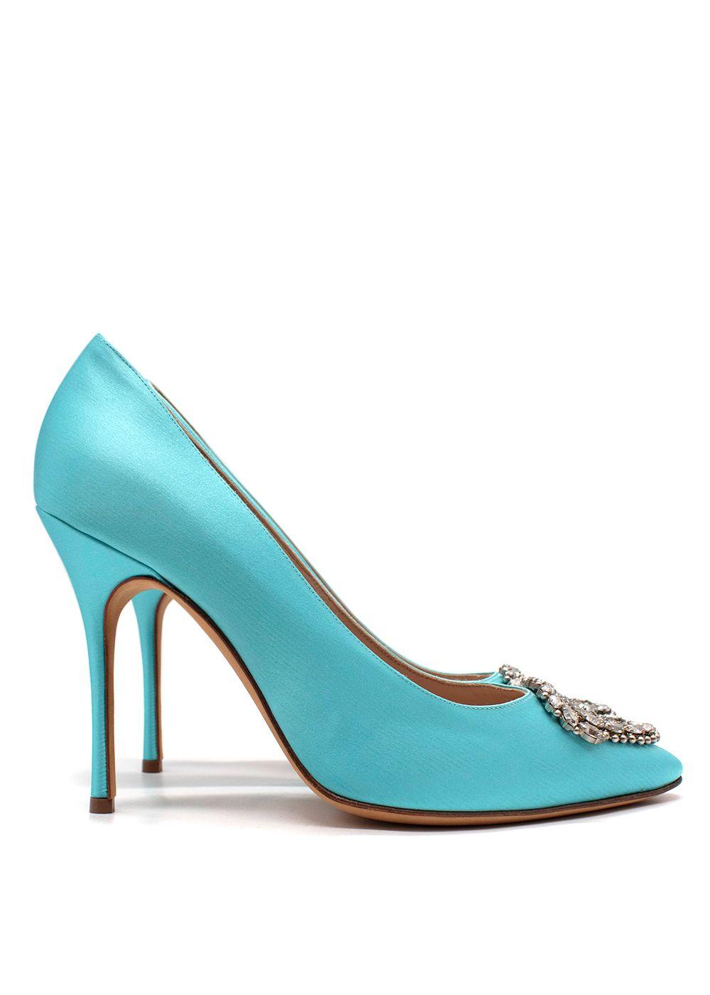 Manolo Blahnik Okkava 105 Turquoise Satin Heels