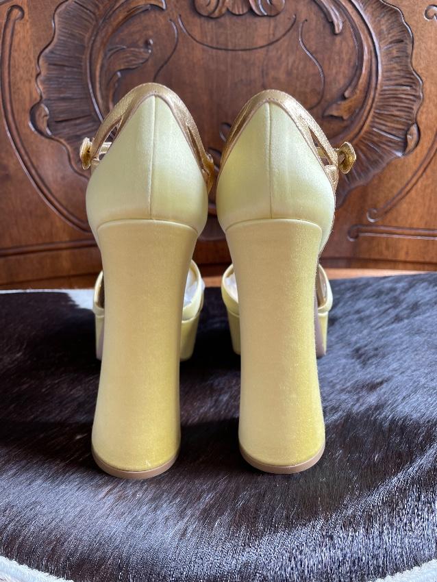 Miu Miu Gold Leather & Yellow Satin Platform Sandals
