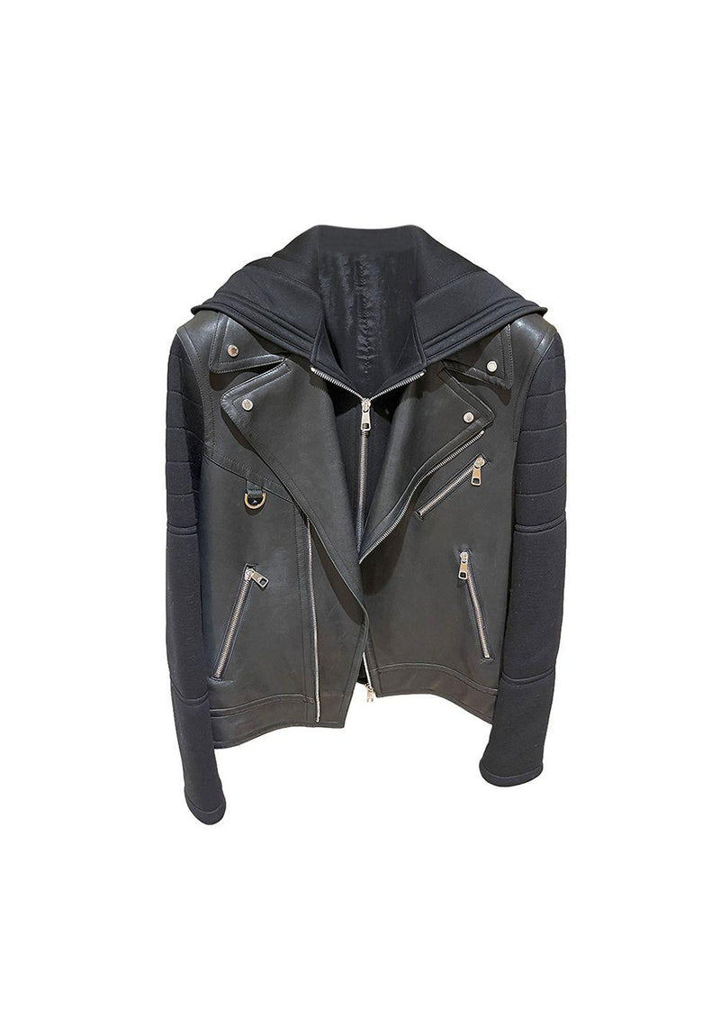 leather & neoprene hooded biker jacket