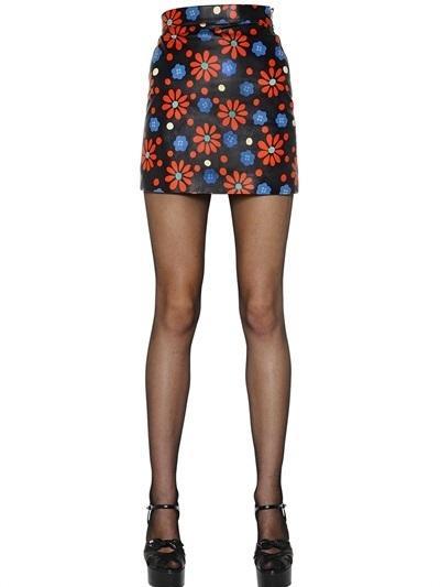 Saint Laurent Floral Printed Leather Skirt