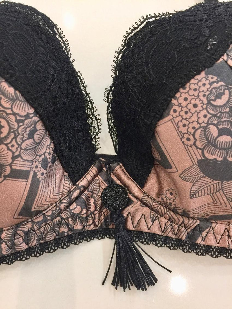 Aubade Art Deco Gatsby Print Satin Padded Plunge Bra & Tanga Set