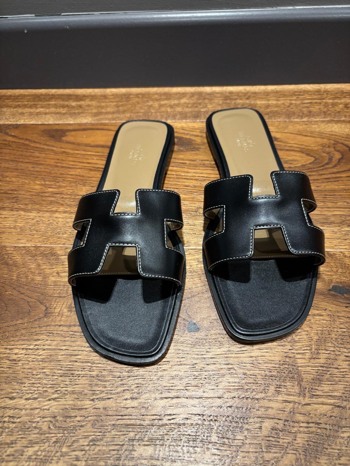 Hermes Black Leather Oran Sandals