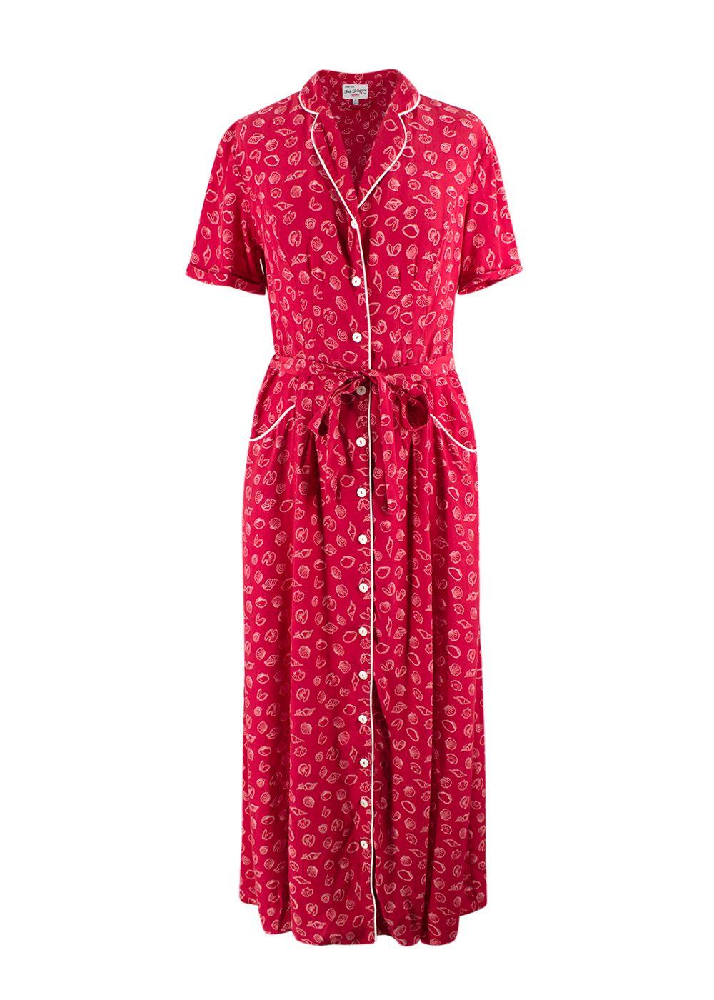 HVN Red Shell Print Silk Shirt Dress