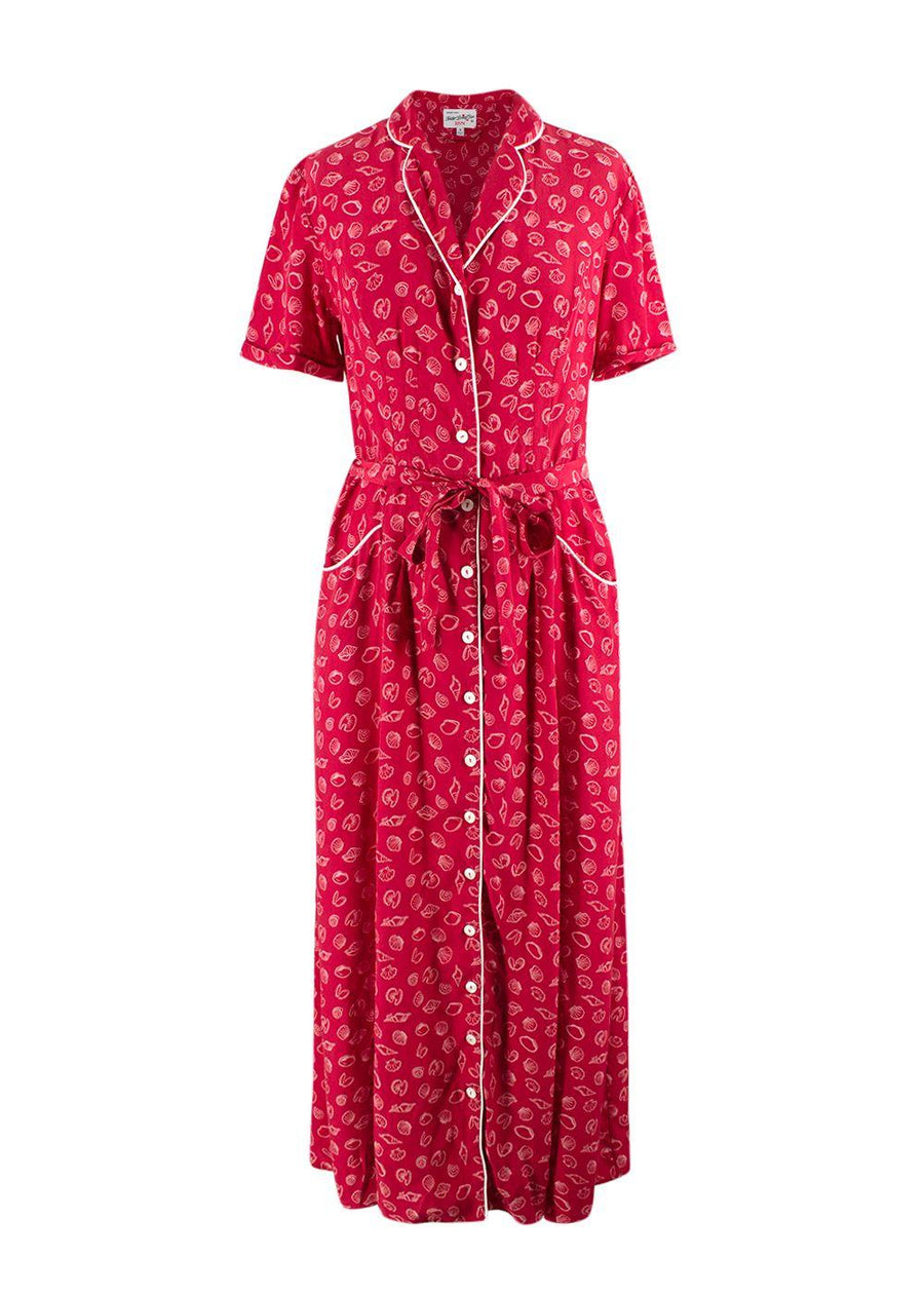 HVN Red Shell Print Silk Shirt Dress