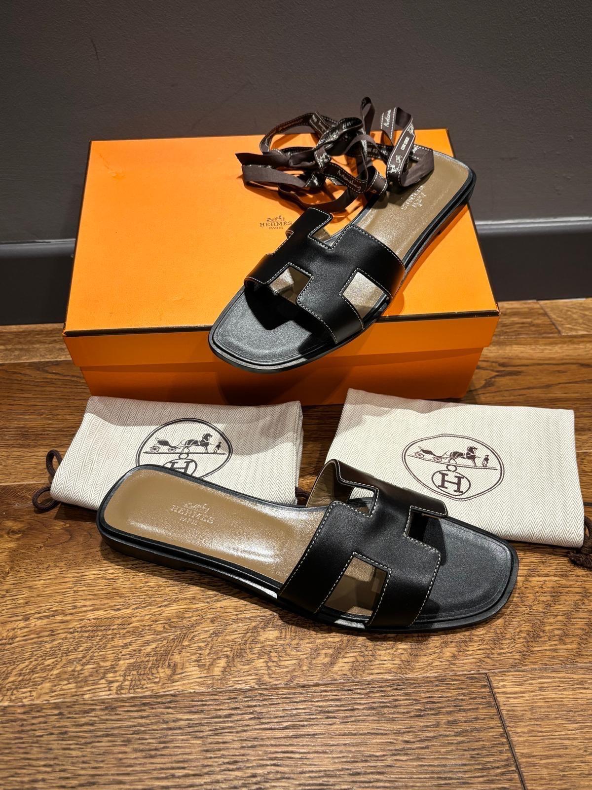 Hermes Black Leather Oran Sandals