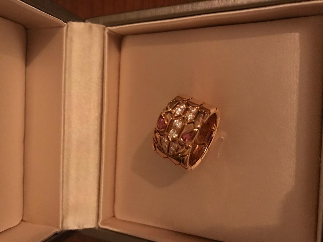 Bvlgari Serpenti diamond & rubellite 18k Rose Gold Ring - Size 53