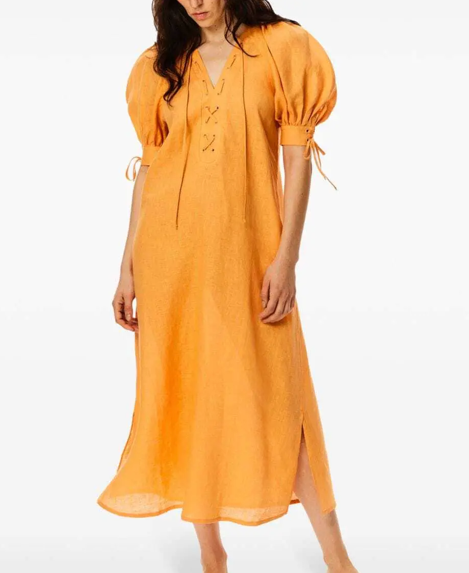 Sleeper Garden Linen Puff-Sleeve Dress
