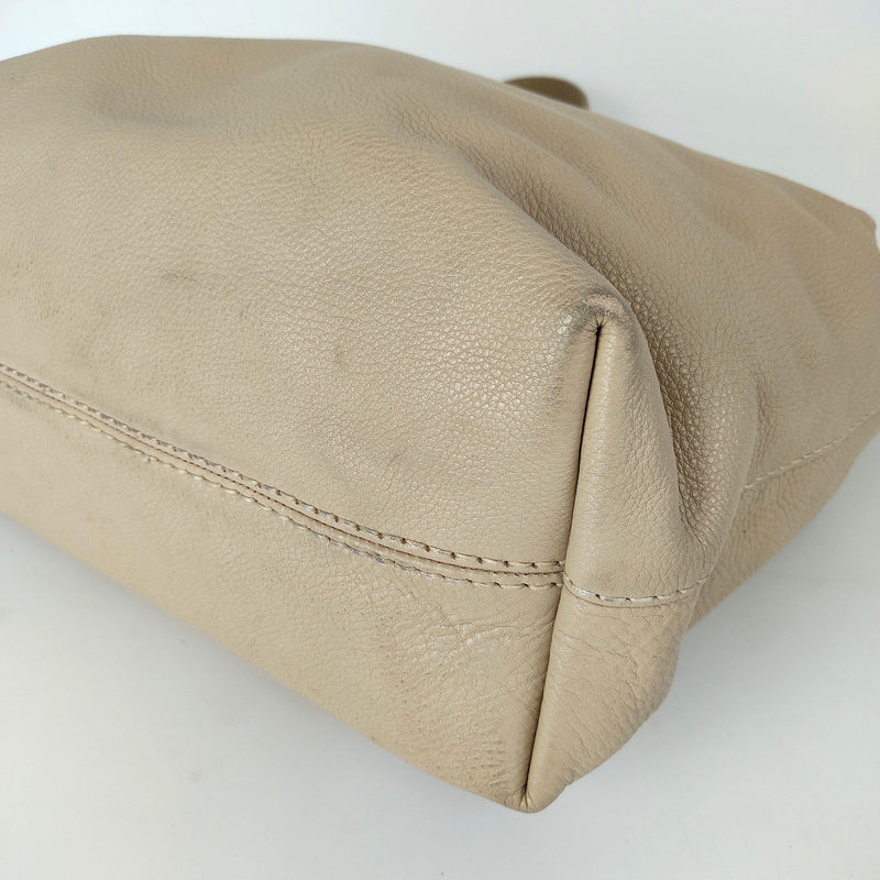 Beige leather logo embossed tote bag